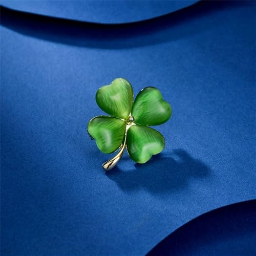 Image of Cats Eye Clover 4 Leaf Brooch Pin for Women Men Unisex Gold Plated Fashion Love Heart Shaped Flower Brooches Lapel Pins luck Decor Dress Accessories St Patrick's Day Birthday Holiday Jewelry Gift Souvenir
