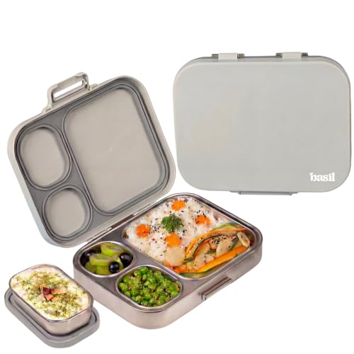 Image of Basil Bento Box Quad Plus -3+1 Compartment Stainless Steel Lunch Box (1020ml) with BPA Free Lid | Leak Proof Tiffin for Kids & Adults | Premium Lunch Box for School, Office & Picnic - Classic Grey
