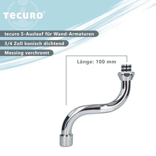 tecuro Universal S-Auslauf für Wandarmaturen 100 mm,Wasserhahn mit Mischdüse 3/4 Zoll konisch dichtend, für Bad und Küche, Messing glanzverchromt