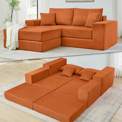 Image of L Shaped Boneless Couch Modular Sectional Sofa, Modern Cozy Corduroy Cloud Couch Loveseat with Ottoman, Memory Foam Convertible Sectional Sleeper Sofas for Living Room, Orange