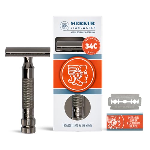 Image of MERKUR 34 2-Piece Double-Edge Safety Razor for Men in Metallic Grey Finish with Standard Handle and Closed Comb - Made in Germany, Plastic-Free