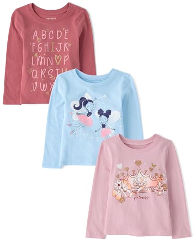 The Childrens Place Baby Girls and Toddler School Days Long Sleeve Graphic T-Shirts multipacks Alphabet/Fairies/Crown 3-Pack 2 Years