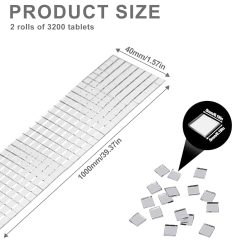 Spiegel Mosaik Selbstklebend Mosaikfliesen Glas Discokugel Klebestreifen 3200 Stück Spiegelmosaik 5x5 mm 2 Rollen für DIY Handwerk Dekoration Bad Küche (Silbrig)