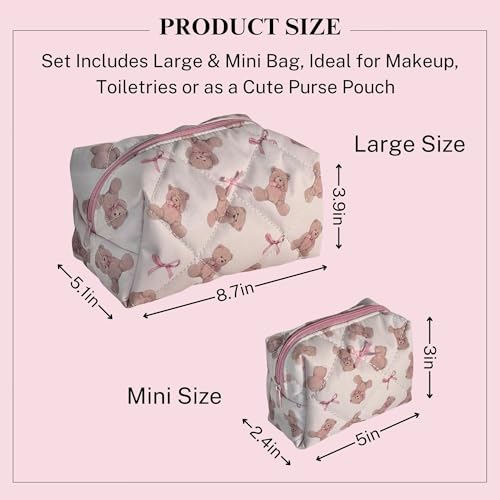 Teddy Bow Makeup Bag Set of 2, Cotton Quilted Bear Makeup Bags with Satin Pink Bows, Cute Girly Toiletry Pouch Set, Small Bag for Purse, Coquette Accessories, Aesthetic Gift Set for Women Teen Girls3
