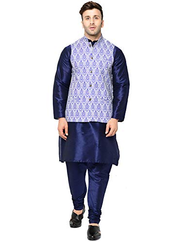 Image of SAIFOO Men's Silk Navy Blue Kurta Pyjama & Printed Nehru Jacket