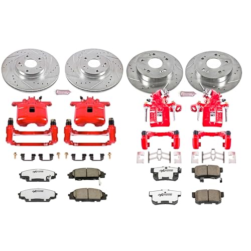 Image of PowerStop Front and Rear Brake & Caliper Kit for Honda Civic 2006-11 - Drilled & Slotted Disc Rotors + Carbon-Fiber Ceramic Brake Pads + Red-Powder Coated Calipers, KC2440-26