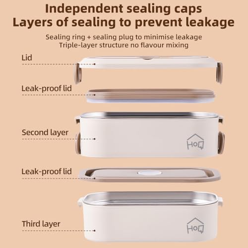 Image of House of Quirk 304 Stainless Steel Bento Lunch Box for Adults - 2 Stackable Leakproof Containers with Insulated Thermal Carry Case, Spoon & Fork Included, Microwave Safe Portable Tiffin Box (Beige)
