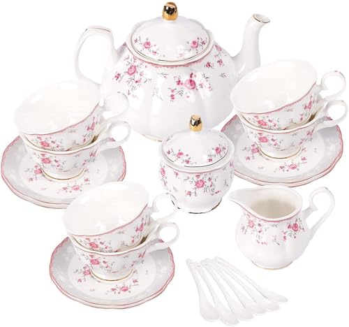 fanquare Vintage Porcelain Tea Set for Women Tea Party, Cup and Saucer Set for 6, Wedding Floral Teapot Set for Adults, Pink Rose