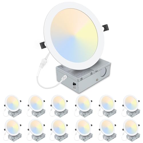 LZHOME 12 Pack 8 Inch LED Recessed Lighting with Junction Box Ultra-Thin 3000K/4500K/6000K Selectable 8 Dimmable Canless LED Downlight 1800LM CRI80 High Brightness 5%-100% Recessed Light