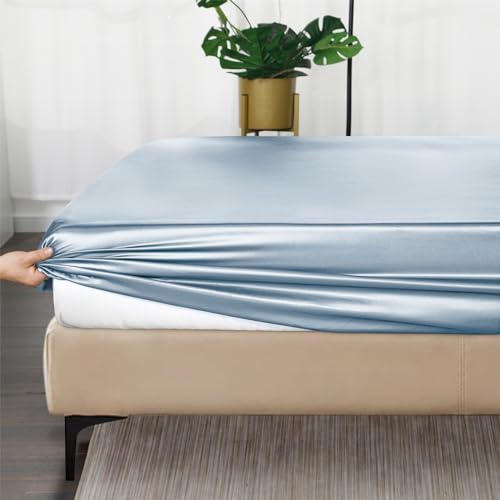 Image of Ersmak Silk Satin Fitted Sheet, Soft Deep Pocket Bottom Luxury Queen Fitted Sheet, Wrinkle Free, Breathable, Fade Resistant - Baby Blue