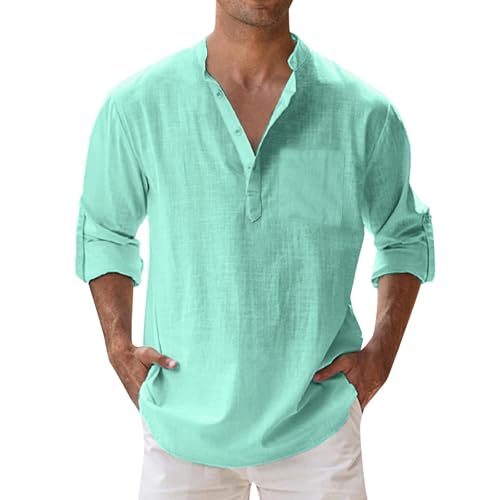Men's Lightning Shirt Linen Elegant Long Sleeve Henley Shirts Cotton Slim Fit Casual Beach Shirts with Buttons 2025, Green-1, M Men's Lightning Shirt Linen Elegant Long Sleeve Henley Shirts Cotton Slim Fit Casual Beach Shirts with Buttons 2025, Green-1, M