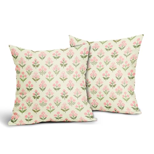 Sivirary Pink Green Block Print Pillow Covers 18x18 Inch Set of 2 Vintage Floral Decorative Pillow Cases Boho Outdoor Linen Square Cushion Cover Rustic Farmhouse Decor for Bedroom Home Sofa Couch Bed - Cosy Home Interiors Sivirary Pink Green Block Print Pillow Covers 18x18 Inch Set of 2 Vintage Floral Decorative Pillow Cases Boho Outdoor Linen Square Cushion Cover Rustic Farmhouse Decor for Bedroom Home Sofa Couch Bed - Image 2