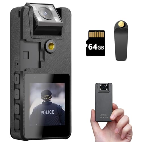 Hoestr 64GB Cámara Corporal, 1296P HD Body CAM (3000mAh) con IR Visión Nocturna y 180 ° Lente Giratoria, Videocámara Camcorder con Audio y Vídeo Ideal para Civiles Personales, Policía Aplicación