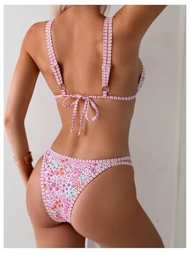 SweatyRocks Women's Bathing Suits Floral Print Triangle Bikini Set Spaghetti Straps Two Piece Swimsuits2
