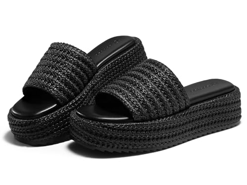 Coutgo Womens Platform Sandals Raffia Espadrilles Slip on Open Toe Cute Boho Summer Beach Slide Sandals, Black Raffia, Size 9.5