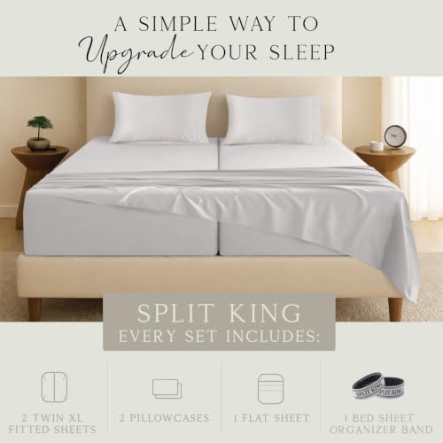 Image of KARISSA MAE Luxury Bamboo Viscose Split King Size Sheet Set, FSC Certified | Includes 2 Twin XL Fitted Sheets | Sleep Number & Adjustable Bed | Cooling | 18 inch Deep Pocket w / Corner Straps [Cream]