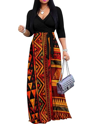 Image of PinkPatty Plus Size Maxi Dresses for Women Casual Flowy Long Dress 3 /4 Sleeve V Neck Wrap Dress with Belt
