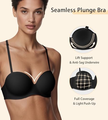 Image of Strapless Bras for Women with Support - Womens Underwire Push Up Plunge Full Coverage Tshirt Bra with Extender