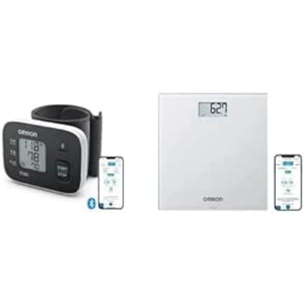 OMRON Tensiómetro RS3 Intelli IT de muñeca con Bluetooth, compatible con dispositivos iOs y Android + OMRON HN300T2 Intelli IT - Báscula digitale con Bluetooth y aplicación para smartphone