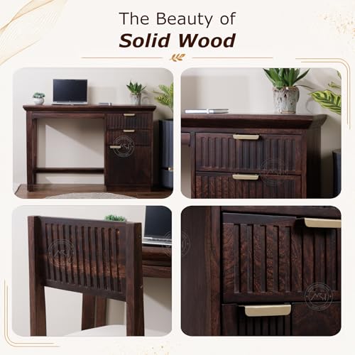 Image of NSH Solid Sheesham Wood Study Table with Chair | Wooden Writing Desk with Drawer & Door Storage | Pre-Assembled Computer Desk Workstation for Home Office & Study Room | Walnut Finish