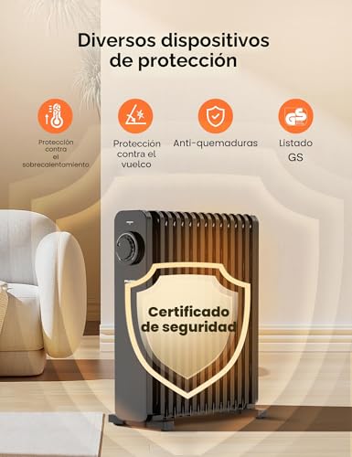 Miniatura 6 de Pelonis - Radiador De Aceite De 2500 W, Calefacción Eléctrica De 13 Aletas Con Termostato, Radiador De Aceite Ahorro De Energía Con 3 Niveles De Potencia Y Protección Contra Sobrecalentamiento Para