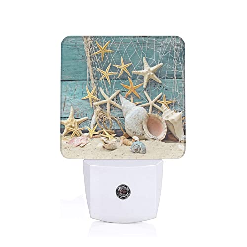 Sand And Starfish On Blue Wooden Led Night Light Auto Sensor Dusk To Dawn Night Light Plug In Indoor Decorative Nightlights For Bedroom Bedroom Hallway Baby's Room #TOP6