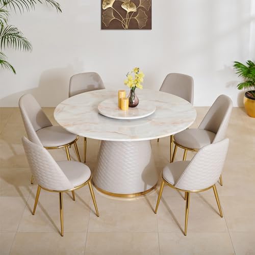 Image of Home Centre | Vegas | Faux Marble Top | 6 Seater Dining Table Sets | Beige | 1 Table with 6 Chair | 1 Year Warranty