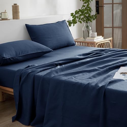 EVERLY Linen Sheets Set King Size,100% French Stonewash Pure Linen Bed Sheets,4Pieces (1Flat Sheet,1Fitted Sheet,2Pillowcase) Suitable for Hot Sleepers,Deep Pocket Natural Bedding Set-Navy Blue