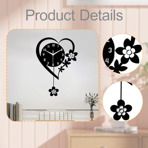 Horloge murale forme cœur acrylique noire avec pendule moderne - 4