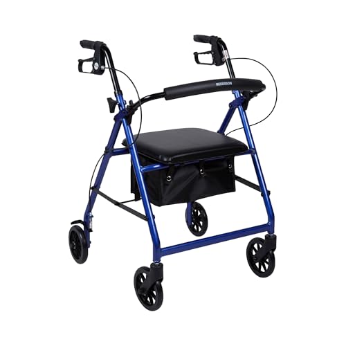 McKesson Rollator Walker with Seat and Wheels, Lightweight, Aluminum, 300 lbs Weight Capacity, Blue, 1 Count