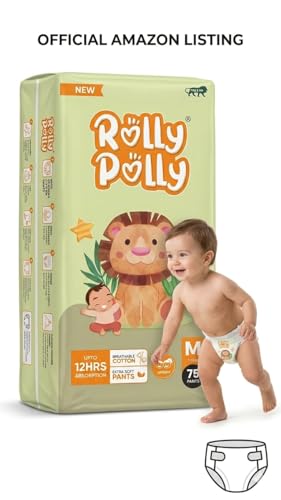 Image of Rolly Polly Baby Diaper Pants, Medium, 7-12 kg, Breathable Cotton, Extra Soft, Upto 12 Hrs Absorption, Unisex, 75 Count (M)