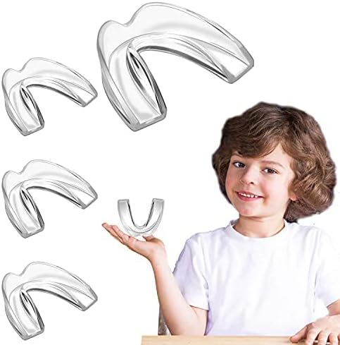 Kids Mouth Guard for Teeth Grinding, Pack of 4 Bite Guards + Dental Guard Case, Eliminate Clenching Bruxism, Teeth Whitening Tray & Sports, Child Moldable Bite Guards(5-10 Years Old Kids)