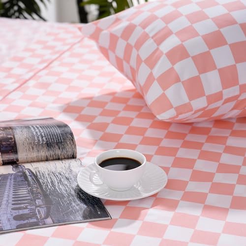 Image of Best Season Queen Size Sheet Set 4 Piece -Microfiber Soft Durable Bedding Sheet Set,Deep Pocket,Stain,Fade & Wrinkle Resistant (Plaid Coral&White)