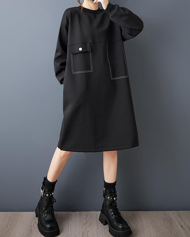 ellazhu Women's T-Shirt Dress Casual Crewneck Black Long Sleeve Oversize Flowy Hem Solid GZ617 A3