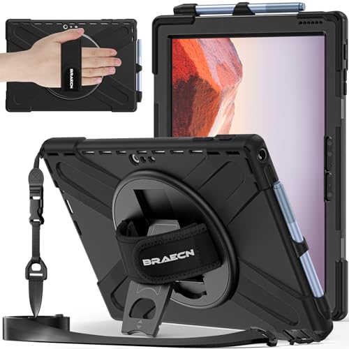BRAECNstock Silicone Case for Microsoft Surface Pro 7+ Plus/Pro 7/6/5/4 12.3 inch Shockproof Rugged Cover with Screen Protector 360 Rotating Hand Strap + Stand Pen Holder Shoulder Strap Black