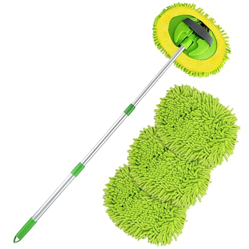 BYZBR 3-in-1 Teleskop Waschbürste, 180° Rotation, Mikrofaser Korallen Chenille Auto Reinigungsset, Waschbürste mit Teleskopstiel, Autowaschbürste mit Stiel, für Auto, Wohnmobil, LKW, Wohnwagen
