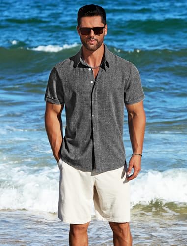 Image of MAPICK Mens Linen Shirts Short Sleeve Button Down Shirt Casual Untucked Fit