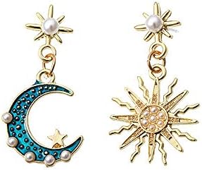 Flzaitian Sun and Crescent Moon Star Planet Dangle Drop Earrings for Women Asymmetrical Vintage Bohemian Mismatched Rhinestone Design Gift Jewelry (A)