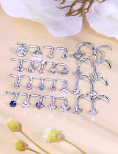 Kridzisw 18G 20G Nose Rings Studs Hypoallergenic 316L Surgical Steel L Shaped Screw Nose Rings Hoops Silver Heart Star Diamond Nose Piercing Jewelry for Women Men 42pcs3
