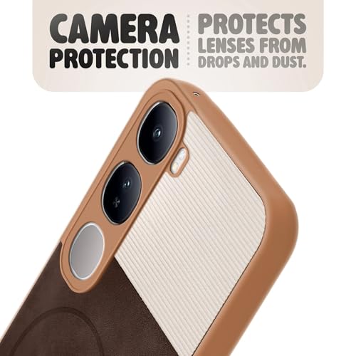 Image of Bintage case Dual-Leather Macc-Safe Design Phone Case| Soft Touch Finish | Full Camera Protectection Back Cover Compatible for Vivo V2416 / vivo Y300 5G - White & Choco Brown