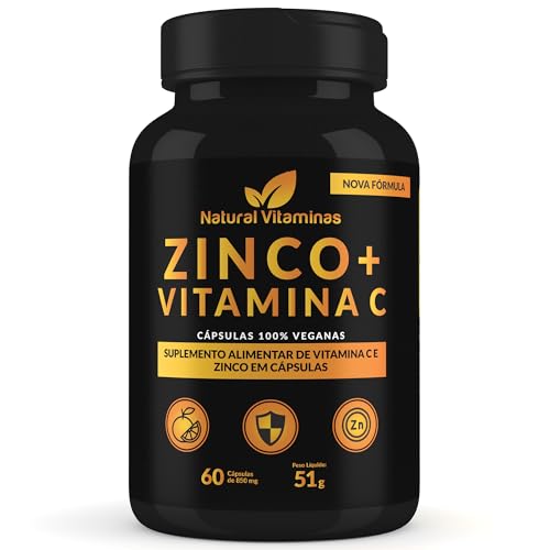Vitamina C 1000mg + Zinco Bisglicinato 30mg Vegano - Auxilia na Imunidade - 1 Pote com 60 Cápsulas Veganas de 850mg