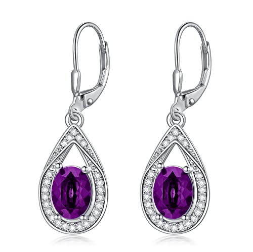 Amethyst Purple Leverback Earrings Sterling Silver Teardrop Dangle Earrings With Simulated February Birthstone Oval Crystal From Austria, Birthday Christmas Anniversary Jewelry Gifts For Women Girls #TOP20