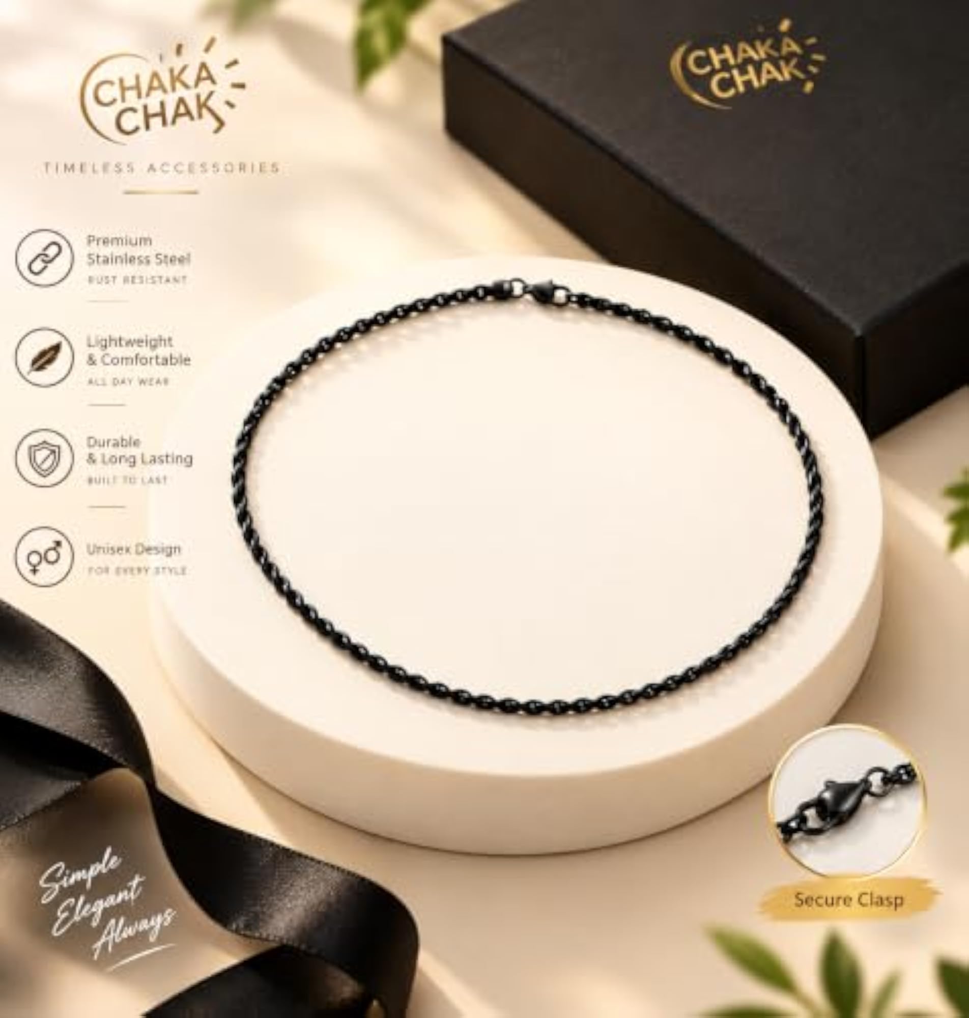 Black Chain Band Ring and Braided Necklace Jewellery Set