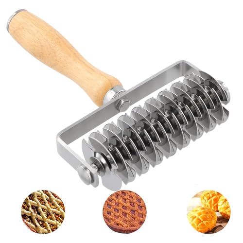 Cortador de Hojaldre de Acero Inoxidable, Cortador Rodillo Repostería Celosía Masa, con Mango Madera Cortador de Rejilla de Rodillos de Rejilla, Herramienta para Hornear Galletas, Cuchillo de Pizza