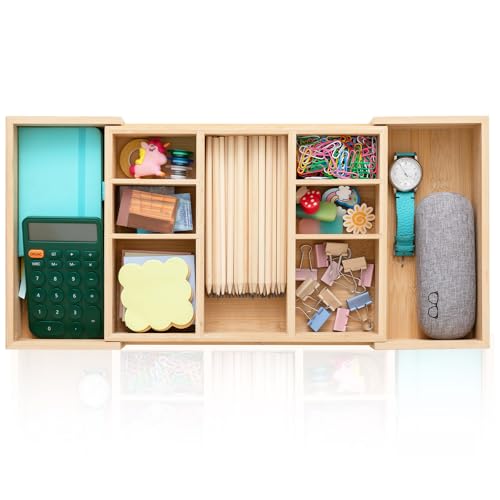 Weysat Sliding Expandable Bamboo Wood Desk Drawer Organizer with 9 Compartments 12'x9' Expandable to...