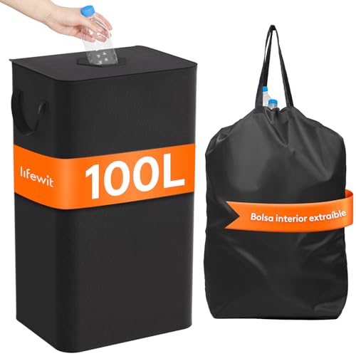 Lifewit contenedor de 100L para recogida de botellas con tapa, almacenamiento de botellas vacías y vidrio, colector de botellas con agujero, bolsa para cocina o sala de almacenamiento, Negro