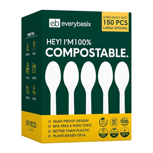 Disposable Spoons – 150 Pcs Heavy-Duty Cutlery – BPA-Free, Heat-Resistant to 248°F – Durable, Plant-Based Alternative to Plastic Spoons for Events, Catering, Soup, Desserts & Daily Use