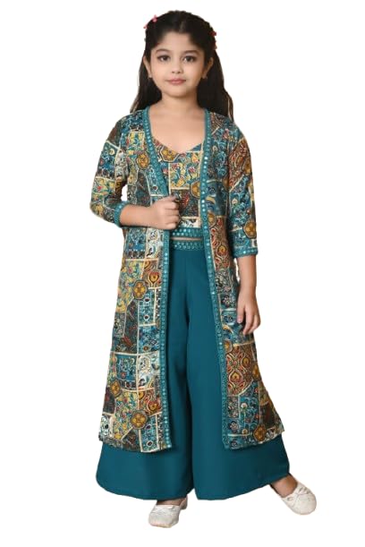Girls Self Designed Premium Cotton Blend Top Pant Jacket 3pcs Party Dress for Girls I V Neck Stylish Sleeve Design Dress for Birthday Girl
