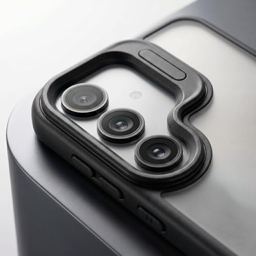 Image of amazon basics Frosted Matte Case for Samsung Galaxy S24 5G | Built-in Flip-Out Camera Lens Stand | Translucent Back with Contrast Black Bumper | Shockproof Protective Cover with Foldable Kickstand
