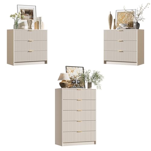Image of Furniway Beige Dresser Bedroom Set 3 Pieces, Nightstands Sets of 2, 5 Drawer Dresser with Gold Handles for Bedroom